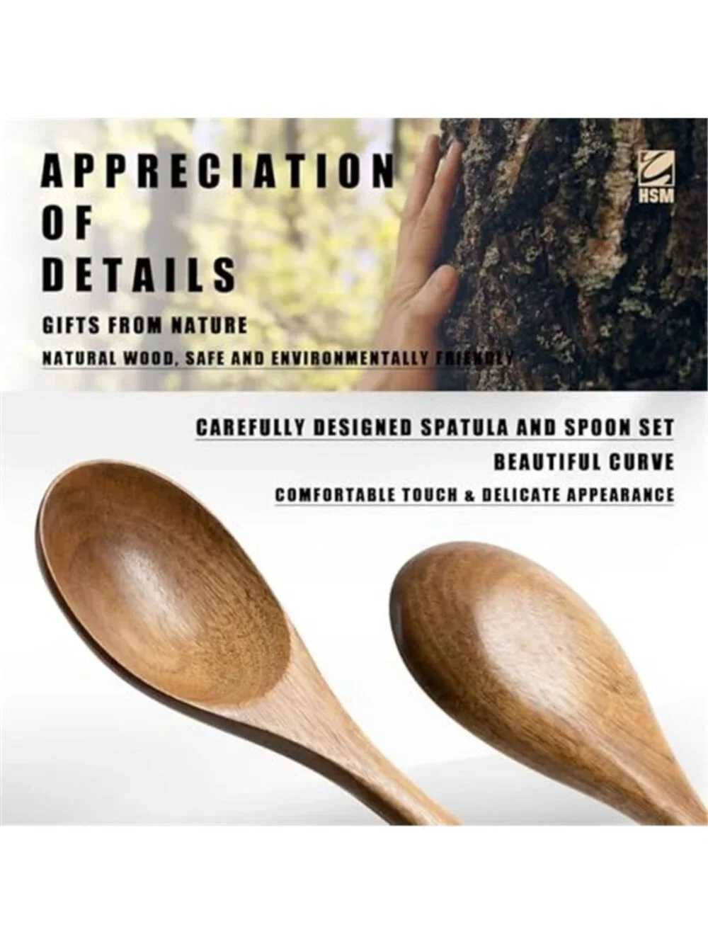 HSM Wooden Spoons for Cooking, 10-Piece Acacia Wood Kitchen Utensil Set - E